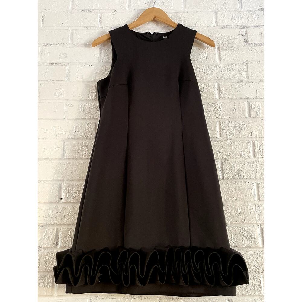 SLNY Black Sleeveless Shift Dress Sculptural Ruffle Hem Cocktail Size 6